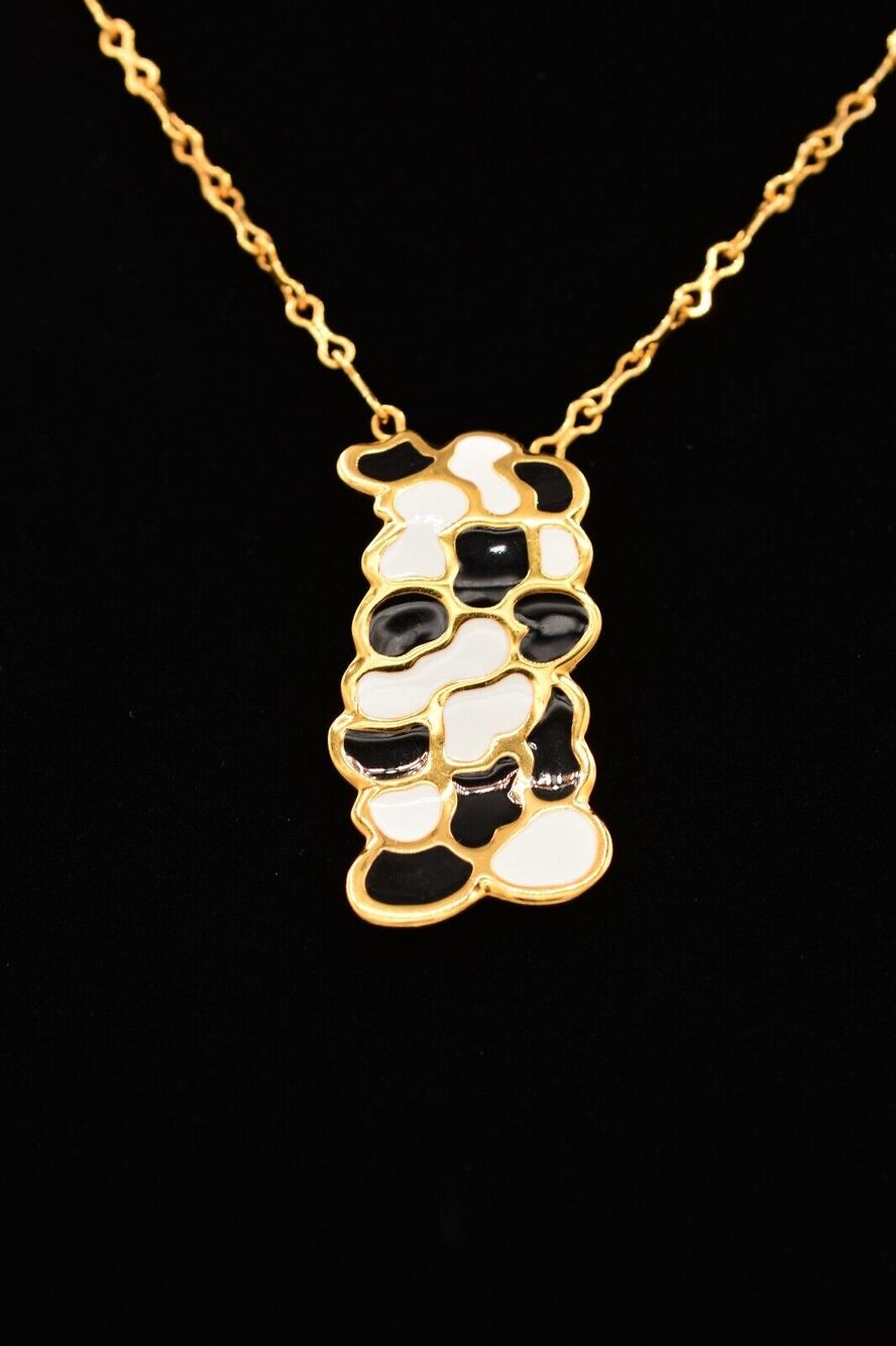 Butler Vintage Pendant Necklace Spotted Black White Enamel Gold Tone Signed BinT